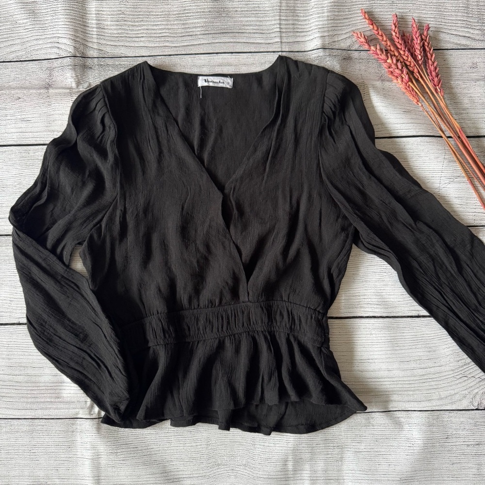 Black Smocked Wrap Blouse with Long Sleeves